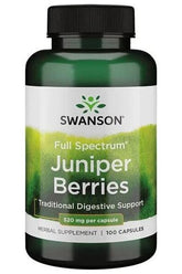 Swanson Full Spectrum Juniper Berries bottle, 520 mg, herbal supplement for digestive support.